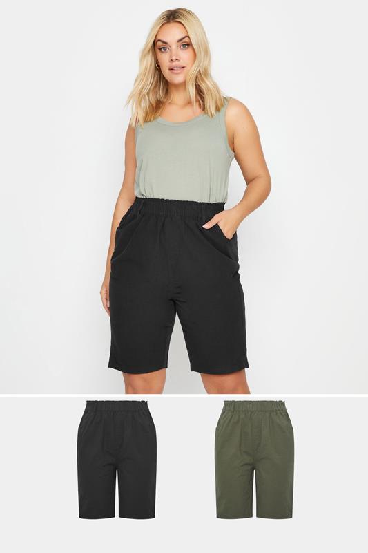 YOURSET 2 PACK Plus Size Black & Khaki Green Cool Cotton Shorts | Yours Clothing 1