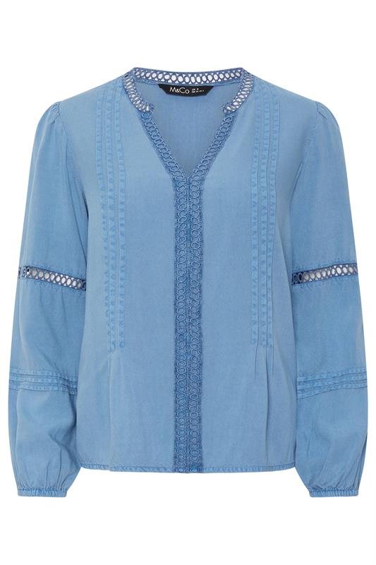 M&Co Petite Blue Lace Trim Pintuck Blouse | M&Co 5