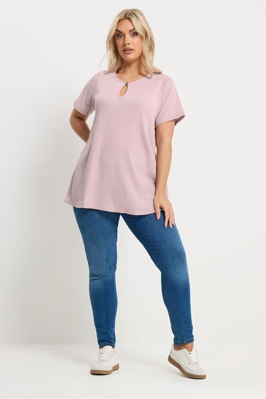 YOURS Plus Size Light Pink Textured Keyhole Detail Top | Yours Clothing 1