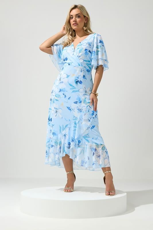 YOURS LONDON Curve Blue Floral Wrap Ruffle Hem Dress