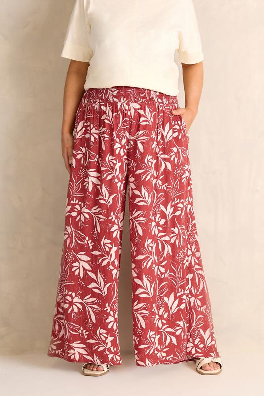 EVANS Curve Orange Leaf Print Shirred Waist Trousers