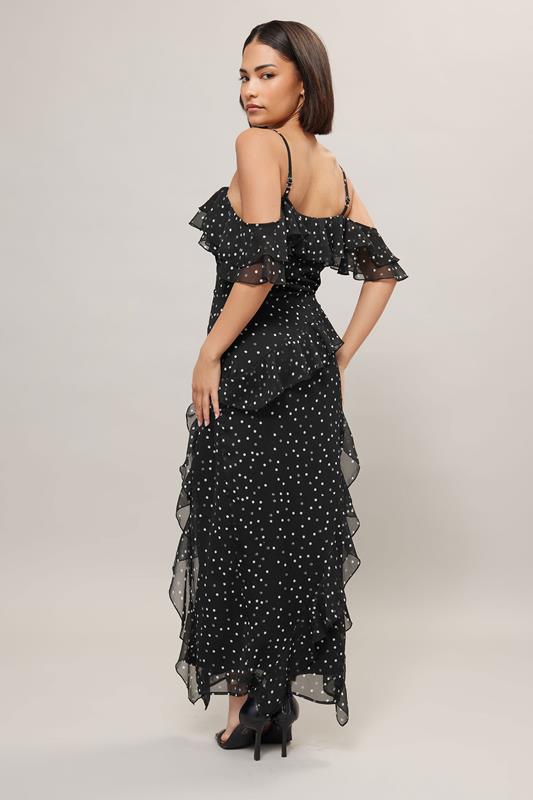 PixieGirl Petite Women's Black Chiffon Polka Dot Ruffle Maxi Dress | PixieGirl 4