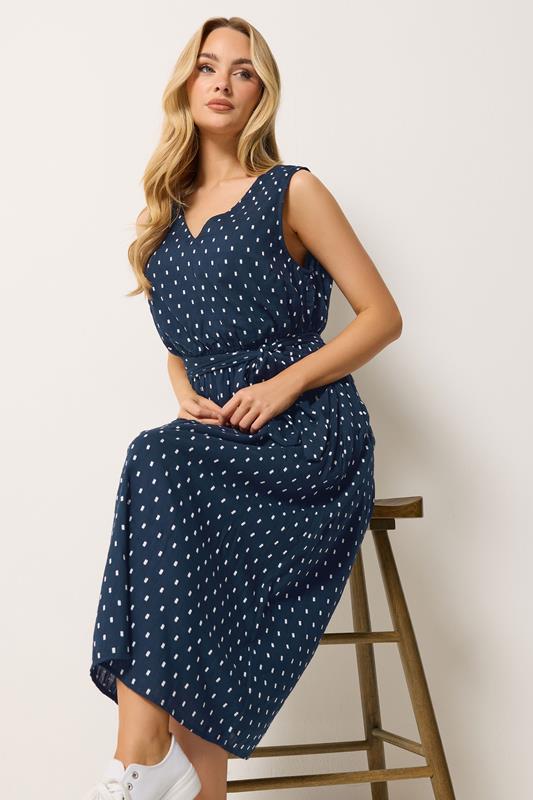 M&Co Navy Blue Dobby Tie Waist Cotton Midi Dress | M&Co 2