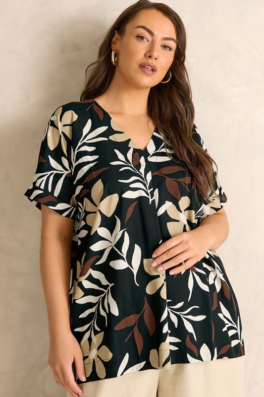 EVANS Plus Size Black Leaf Print Pleat Top | Evans 1