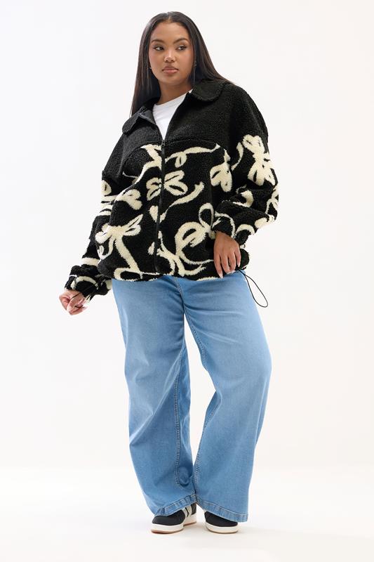 YOURS Plus Size Black Abstract Print Teddy Fleece Jacket | Yours Clothing 1