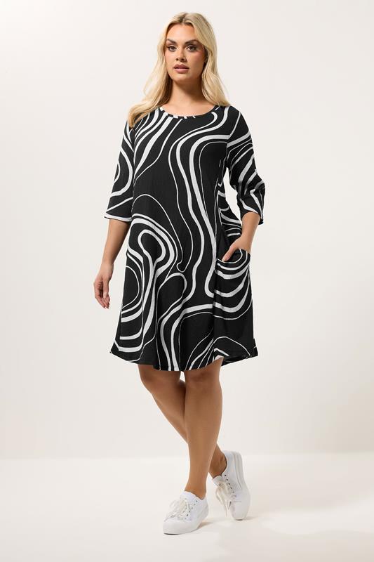 YOURS Plus Size Black Abstract Swirl Tunic Dress | Yours Clothing 1