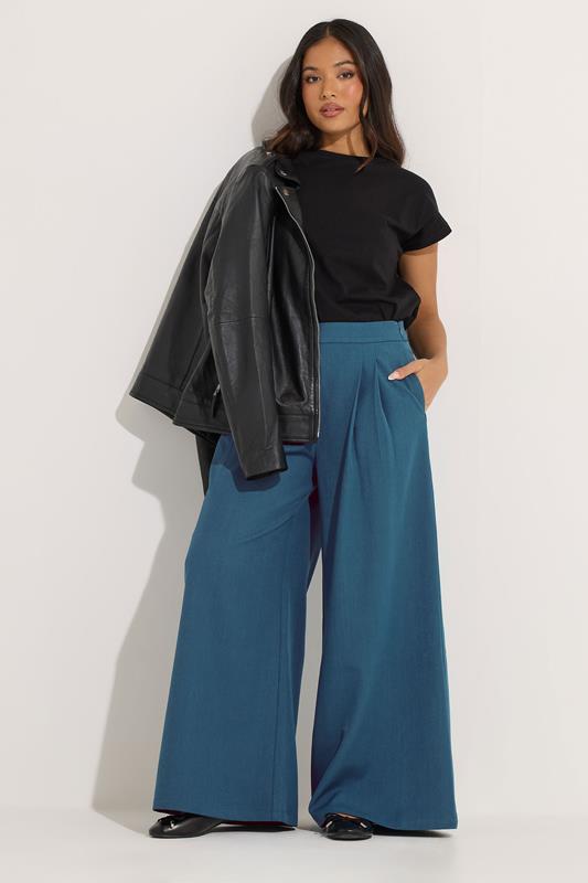 PixieGirl Petite Women's Teal Blue Pleat Front Palazzo Trousers | PixieGirl 1