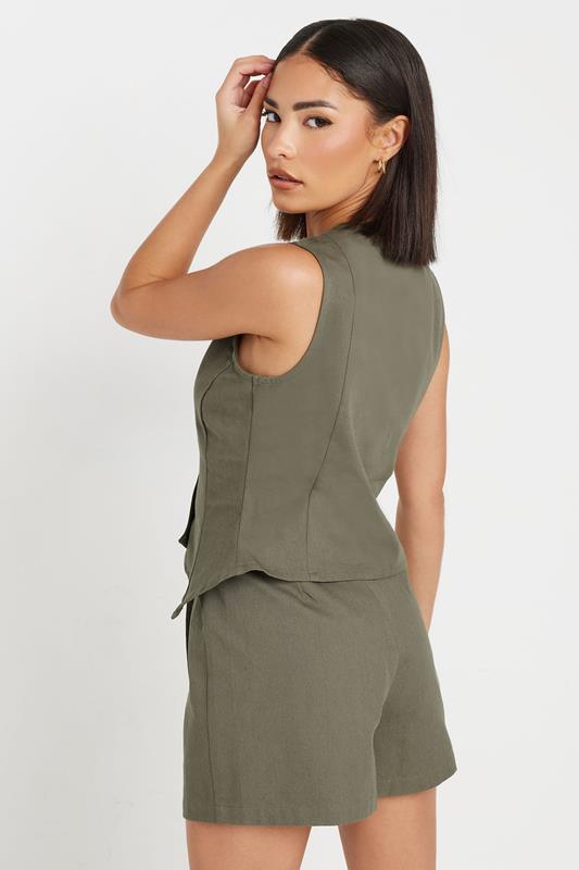 PixieGirl Petite Women's Khaki Green Asymmetric Button Cotton Waistcoat | PixieGirl 5