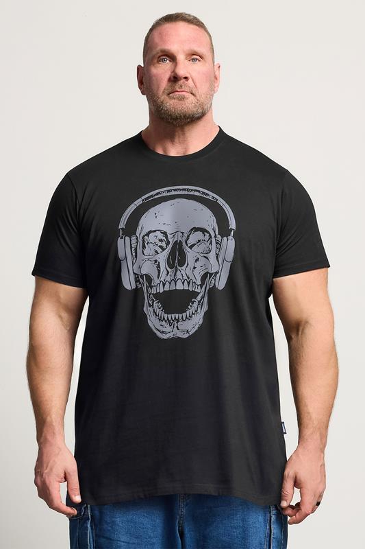 BadRhino Big & Tall Black Extra Long Skull Headphones Graphic T-Shirt