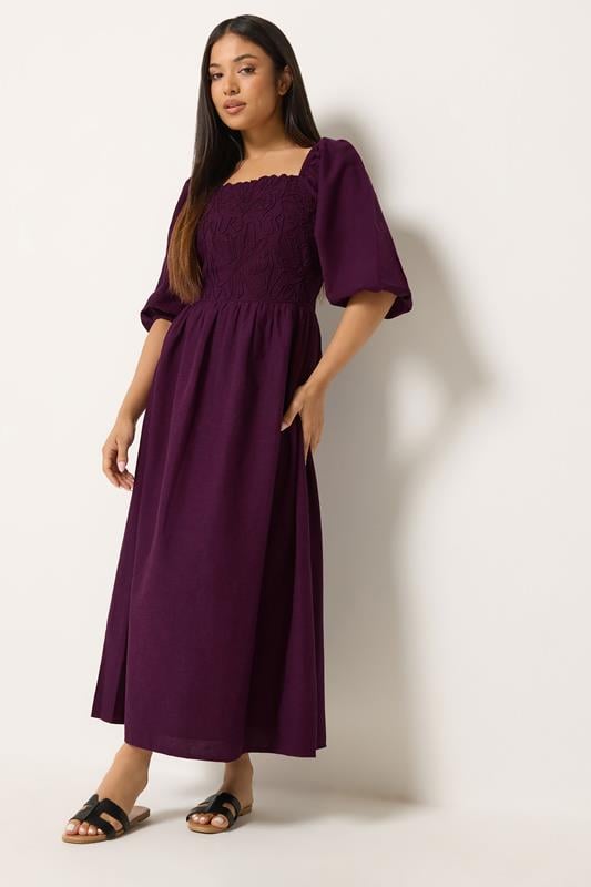  M&Co Petite Berry Purple Short Sleeve Embroidered Trim Maxi Dress