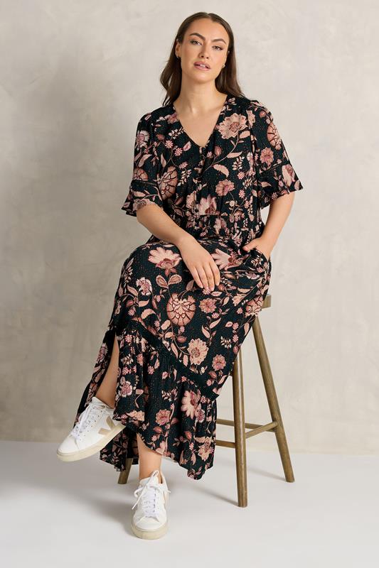 EVANS Plus Size Black Floral Crinkle Button Through Maxi Dress | Evans 1