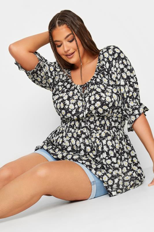 YOURS Plus Size Black Floral Shirred Tie Neck Top | Yours Clothing 4