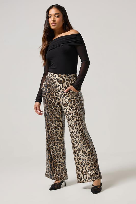 PixieGirl Petite Women's Brown Animal Sequin Wide Leg Trousers | PixieGirl 1