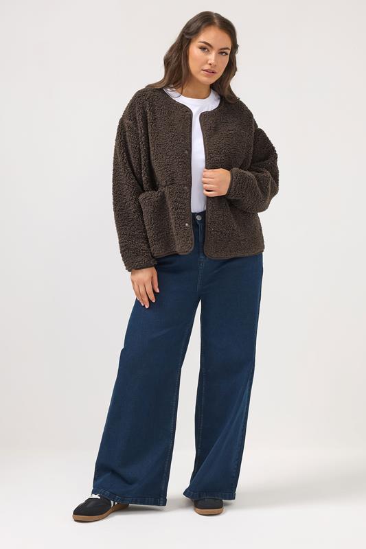 YOURS Plus Size Chocolate Brown Collarless Fleece Jacket | Yours Clothing 1