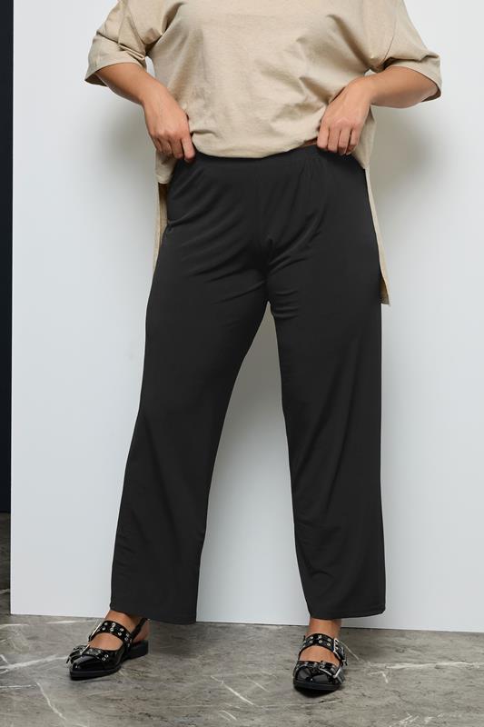 Plus Size Black Pull On Wide Leg Trousers | Yours Clothing 1