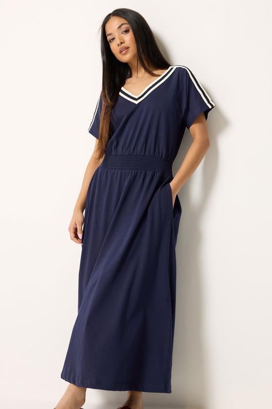 M&Co Petite Navy Blue Woven Trim Detail Cotton Maxi Dress