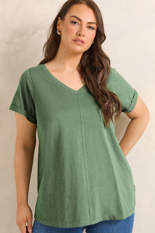 EVANS Plus Size Soft Khaki V-Neck Cotton T-Shirt | Evans 1
