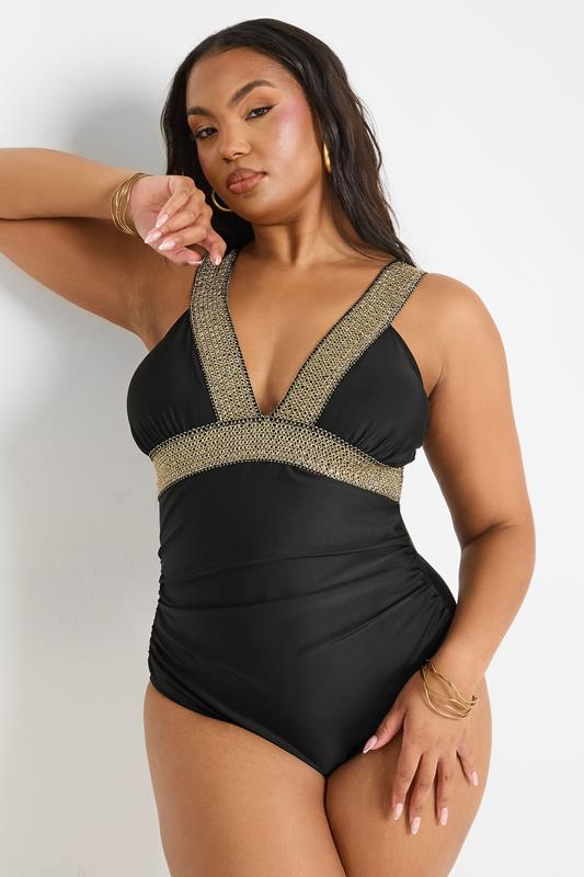 YOURS Plus Size Black Metallic Tummy Control Swimsuit | Yours Clothing 2