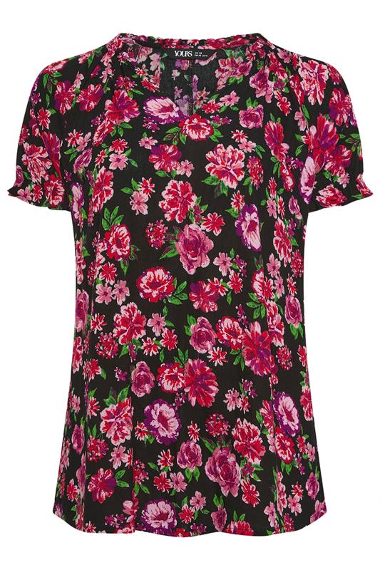 YOURS Plus Size Black & Pink Floral Notch Neck Blouse | Yours Clothng 5