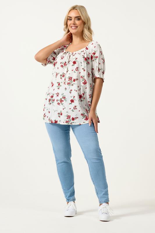YOURS Plus Size White Floral Print Tie Neck Top | Yours Clothing 1