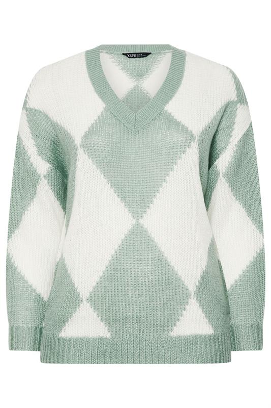YOURS Plus Size Green Diamond V-Neck Soft Touch Jumper | Yours Clothing 5