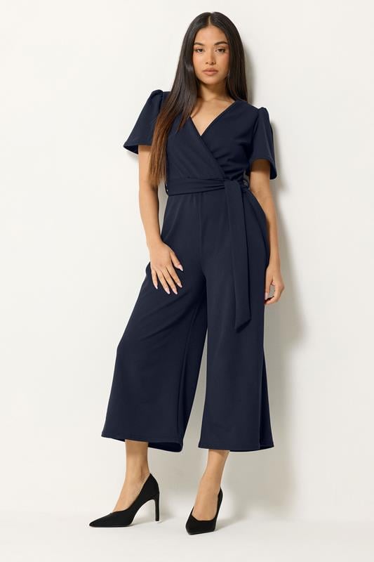  M&Co Petite Navy Blue Cropped Tie Waist Jumpsuit