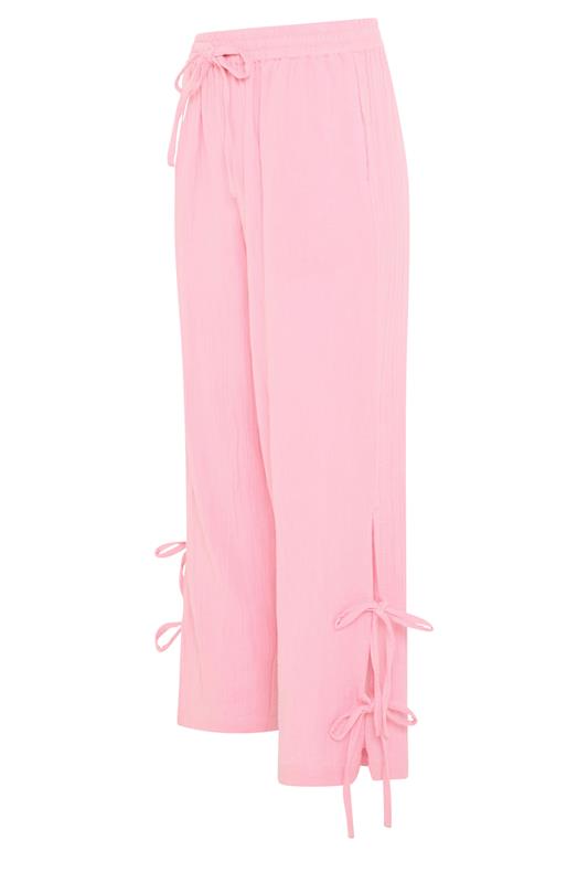 PixieGirl Petite Women's Pink Tie Detail Cotton Cheesecloth Wide Leg Trousers | PixieGirl 6