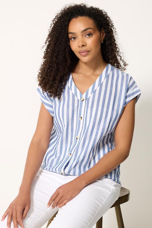  M&Co Blue Stripe Cotton Button Blouse