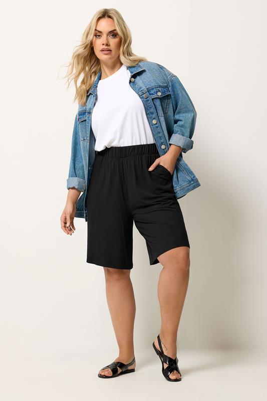 YOURS Plus Size Black Pull on Jersey Shorts | Yours Clothing 1