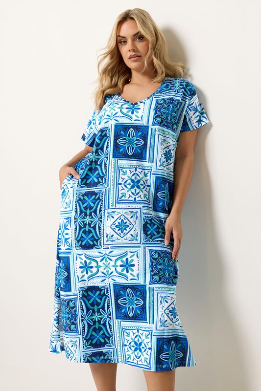  YOURS Curve Blue Tile Print Midi Dress