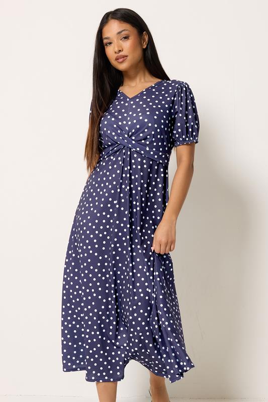  M&Co Petite Navy Blue Polka Dot Twist Front Maxi Dress