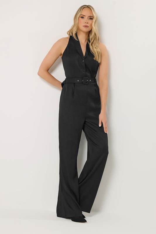 LTS Tall Black Belted Open Collar Jumpsuit