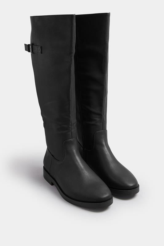 Black Faux Leather Buckle Detail Knee High Boots In Extra Wide EEE Fit