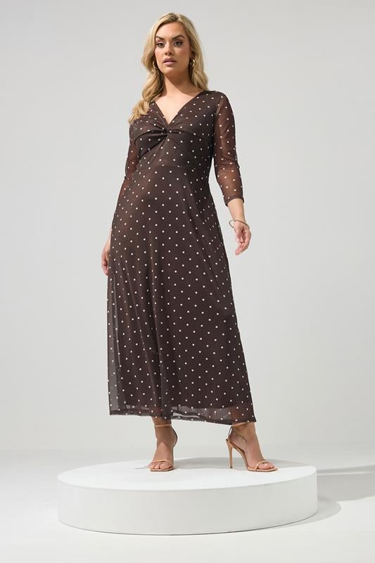 YOURS LONDON Curve Chocolate Brown Polka Dot Knot Front Dress