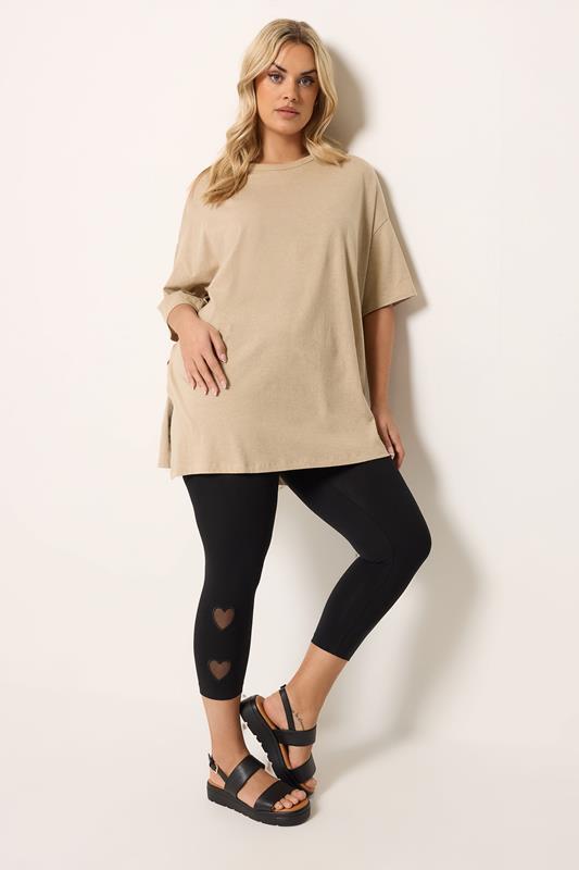 YOURS Plus Size Black Heart Mesh Detail Cropped Leggings | Yours Clothing 1