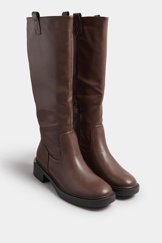 Brown Metal Detail Knee High Boots In Standard Fit