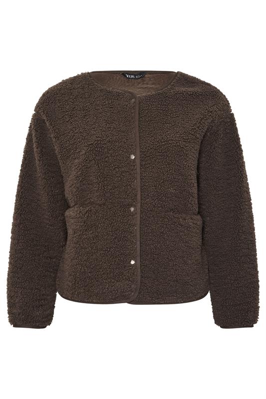 YOURS Plus Size Chocolate Brown Collarless Fleece Jacket | Yours Clothing 5