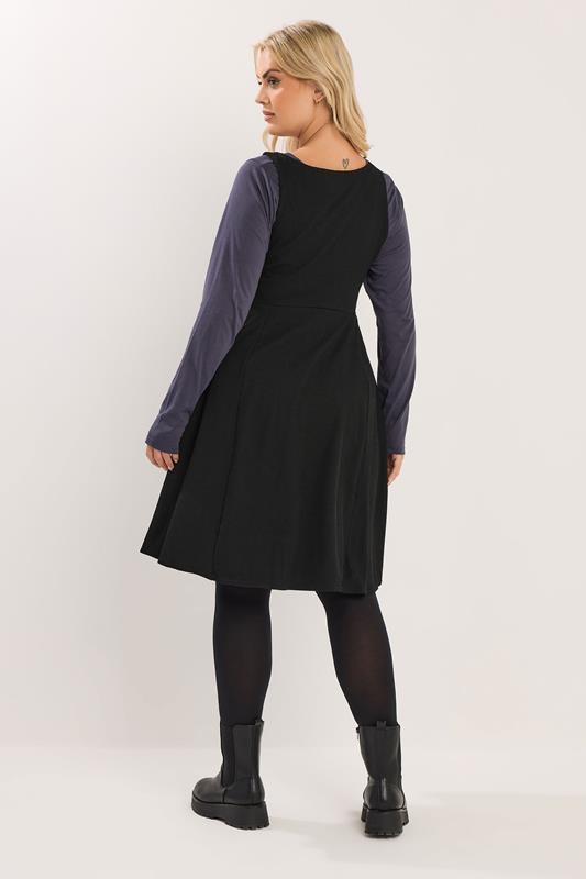 YOURS Plus Size Black Button Front Textured Pinafore Dress | Yours Clothing 2