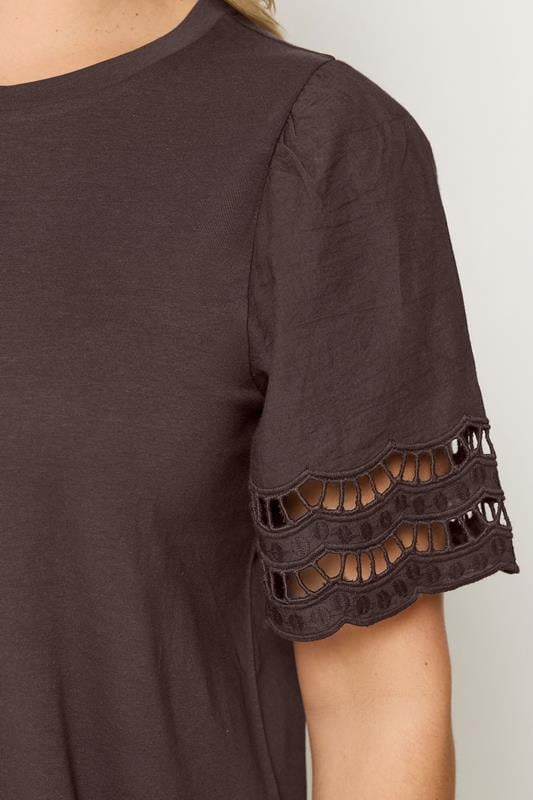 YOURS Plus Size Brown Broderie Anglaise Angel Sleeve T-Shirt | Yours Clothing 4