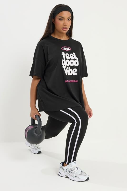 YOURS ACTIVE Plus Size Black 'Feel Good Vibe' T-Shirt | Yours Clothing 1