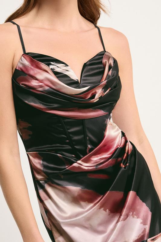STAR Black Abstract Satin Corset Cowl Wrap Dress | StarByJM 5