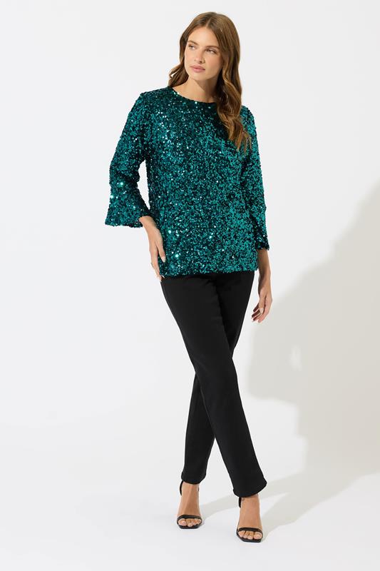 M&Co Green Sequin Flute Sleeve Top | M&Co 2