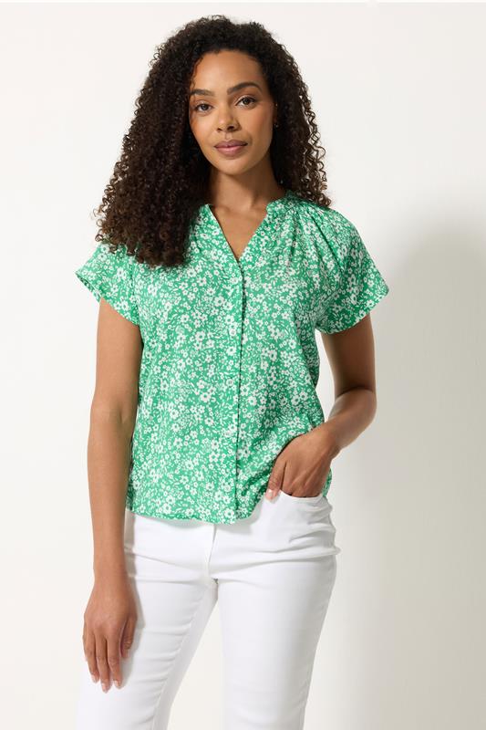  M&Co Green Floral Print Short Sleeve Blouse