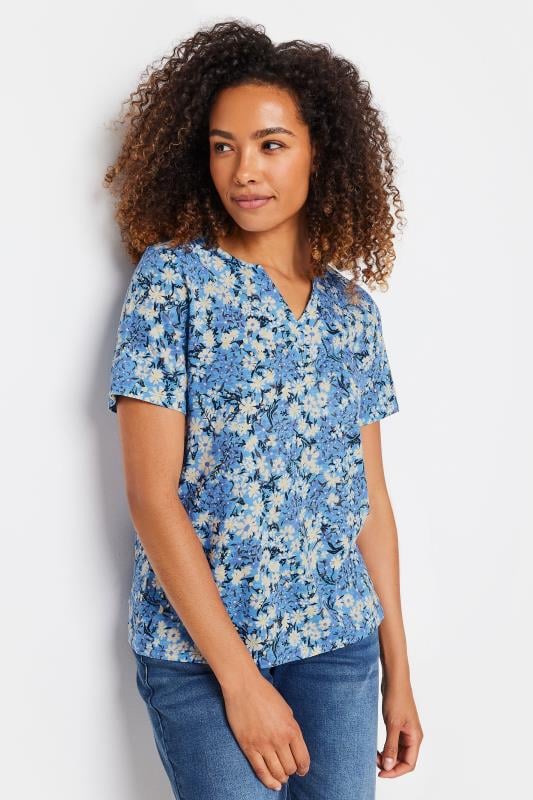 Women's  M&Co Blue Floral Print Notch Neck T-Shirt
