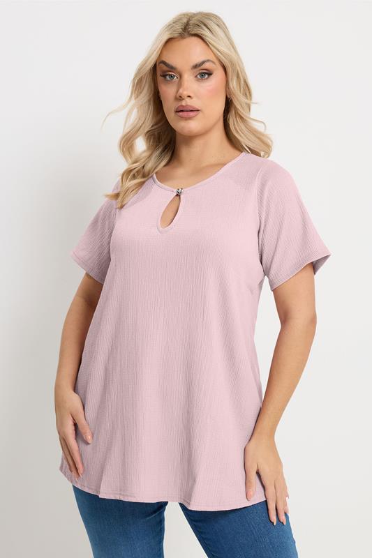 YOURS Plus Size Light Pink Textured Keyhole Detail Top | Yours Clothing 1