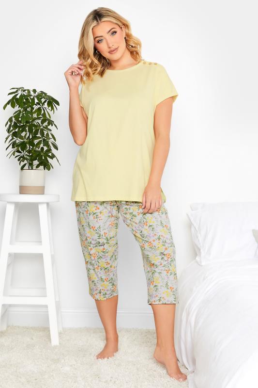 Plus Size  YOURS Curve Yellow Floral Print Cropped Pyjama Set