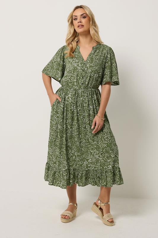 YOURS Curve Khaki Green Floral Midi Dress