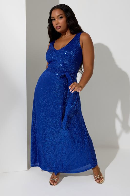 YOURS LONDON Plus Size Cobalt Blue Sequin V-Neck Maxi Dress | Yours Clothing 1