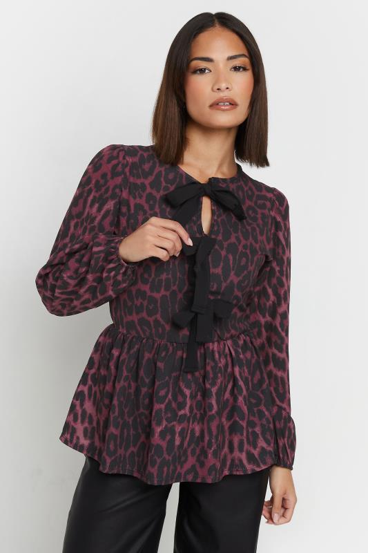 PixieGirl Petite Burgundy Red Leopard Print Tie Bow Top