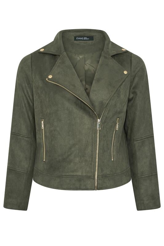 EVANS Plus Size Khaki Green Suedette Biker Jacket | Evans 5